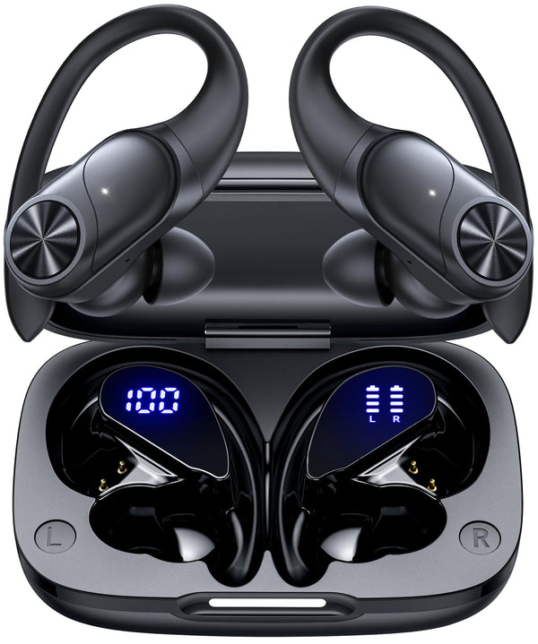 Pocbuds Bluetooth Headphones Wireless Earbuds 80Hrs Playtime Wireless Charging Case Digital Display Sports Ear Buds with Earhook Deep Bass IPX7