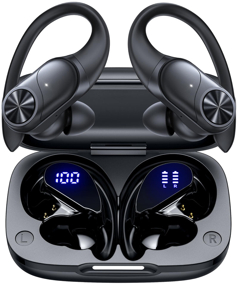 Pocbuds Bluetooth Headphones Wireless Earbuds 80Hrs Playtime Wireless Charging Case Digital Display Sports Ear Buds with Earhook Deep Bass IPX7