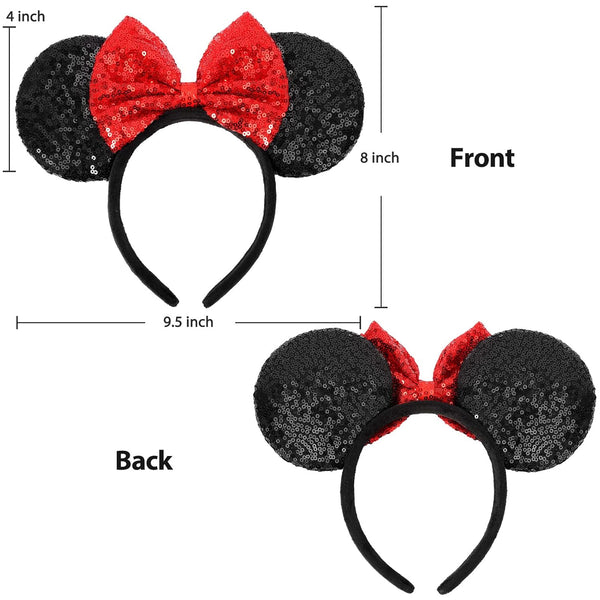 Mouse Ears Headbands, Sequin Mouse Ears for Women Girls Boys, Shiny Bow Headband for Cosplay Costume Party Decorations Hair Accessories (Red)