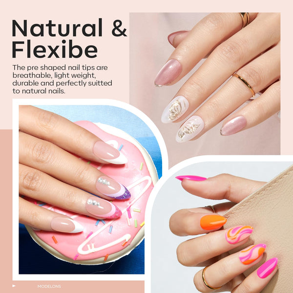 Modelones Gel Nail Kit Short Almond Gel Nail Tips, 9-In-One Nail Glue with Portable U V Nail Lamp, 216Pcs 12Sizes Press on Acrylic False Nails Tip