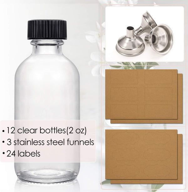 AOZITA 12 Pack, 2 Oz Small Clear Glass Bottles W/Lid & 3 Funnels - 60Ml Boston Shot Bottles for Health, Immunity, Potion, Wellness, Sample,