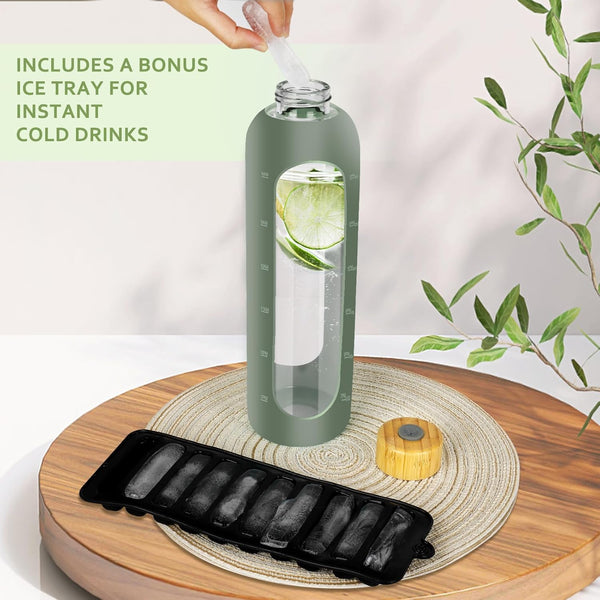 Glass Water Bottles 32 Oz - Motivational Drinking Glass Water Bottle with Silicone Sleeve, Straw & 2 Bamboo Lids - 1 Liter Clear Borosilicate