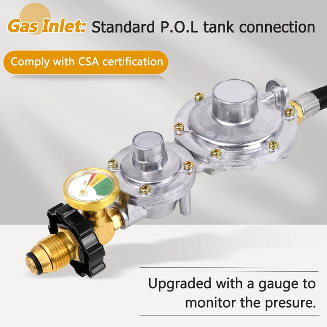 Azdele Upgraded Two Stage Propane Regulator with 5Ft Hose and Gauge, Standard P.O.L Tank Connection, 3/8In Female Flare 
