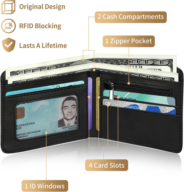 Bistup Teen Boys Cool Wallet-Men Mens Men'S Funny Leather Credit Id Card Cash Holder Man Black Rfid Blocking Zipper Wall