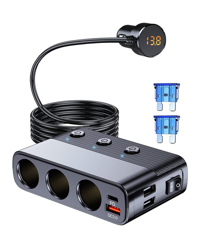 7 in 1 Cigarette Lighter Splitter, LIHAN 3 Socket Car Charger Adapter, Type-C QC3.0 PD 30W Charging, Dual USB Charging Ports, Independent