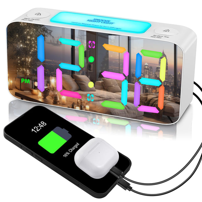 RGB Digital Mirror Alarm Clock, 15 Dynamic Color & 7" Large Screen, 7-Color Night Light, 2 USB Charger, 2 Loud Alarm,4 D