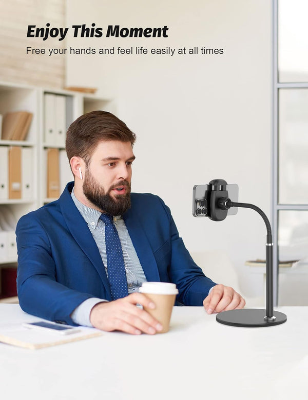 Cell Phone Stand, Adjustable Height & Angle Gooseneck Stand for Desk Flexible Arm Universal Holder, Aluminum Alloy Desktop Recording Compatible