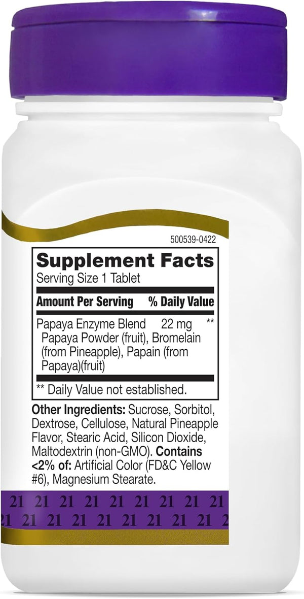 21St Century Papaya Enzyme Chewable (100 Count), Papaya & Pineapple Digestive Enzymes for Gut Health, Tropical Flavor, Non-Gmo, Gluten-Free, No