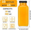 CUCUMI 10Pcs 16Oz Glass Juice Bottles with Lids, Reusable Juice Containers Drinking Jars Water Cups with Brush, Glass Straws, Lids with Hole