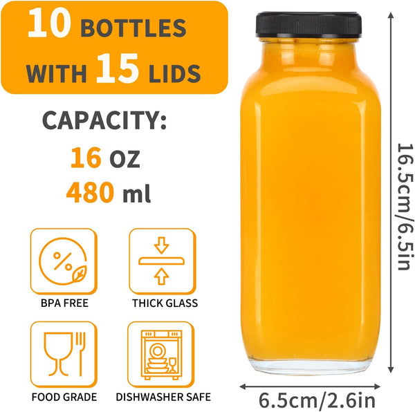 CUCUMI 10Pcs 16Oz Glass Juice Bottles with Lids, Reusable Juice Containers Drinking Jars Water Cups with Brush, Glass Straws, Lids with Hole