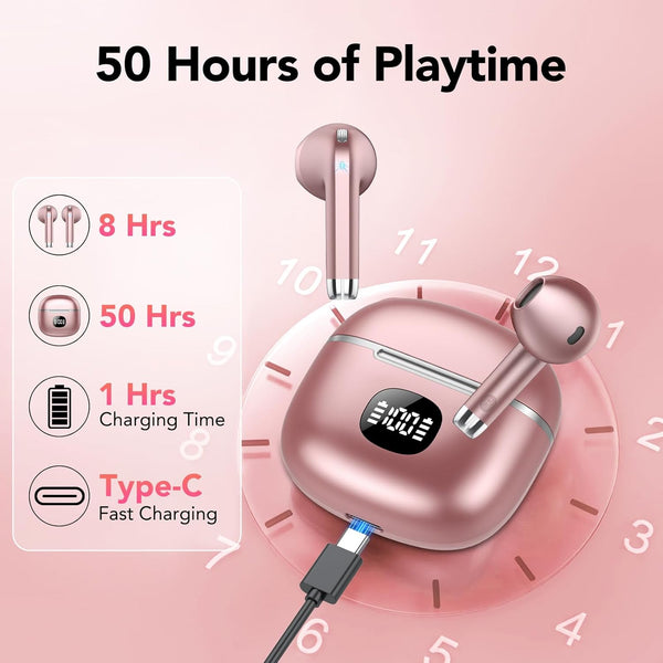 Wireless Earbuds, Bluetooth Headphones 5.3, 50H Playtime LED Display Deep Bass Ear Buds with 4 ENC Noise Cancelling Mic, IP7 Waterproof In-Ear
