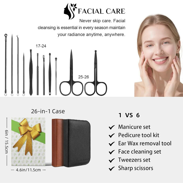 Manicure Set, Professional Nail Clippers Pedicure Kit 26 Pieces Nail Care Tools for Travel & Grooming (Brown)