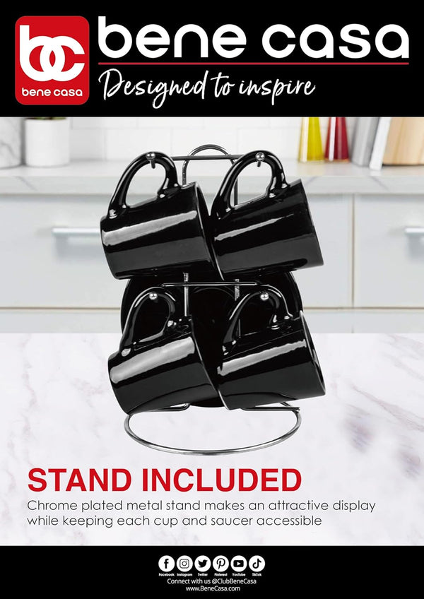 Bene Casa Black 9-Pc Espresso Set W/Metal Stand, 4 Espresso Cup Set, Cup & Saucer Set, Color Negro Juego De 4 Tazas Y 4 Platos Con Stand De Metal