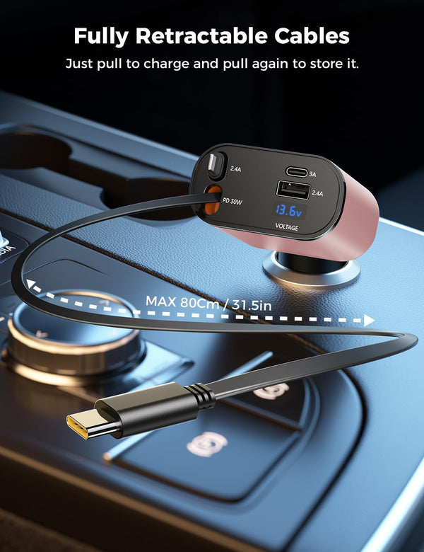 ?Upgraded? SUPERONE Retractable Car Charger 4 in 1, Fast Car Phone Charger with Cord 2.6Ft, USB C Car Charger Adapter, Compatible with Iphone