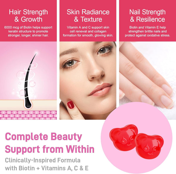 Beauty Gummies No Sugar Added, Hair Skin and Nails Gummies with Vitamins a C E, Natural 6000Mcg Biotin Gummies for Women Men, GMO Free, Gluten