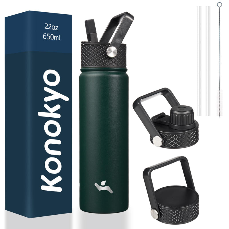 22Oz Stainless Steel Bottles with 3 Lids Sport Insulated Water Bottle,Army Green
