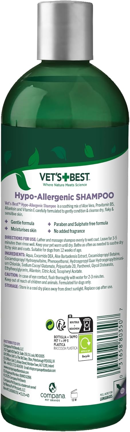 Vet'S Best Hypo-Allergenic Shampoo for Dogs | Dog Shampoo for Sensitive Skin | Relieves Discomfort from Dry, Itchy Skin | Cleans, Moisturizes, and