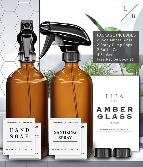 Liba Amber Glass Spray Bottles 2 Pack, 16 Oz Refillable Empty Spray Bottle for Cleaning, Essential Oils, Hair, Plants, Adjustable Nozzle for