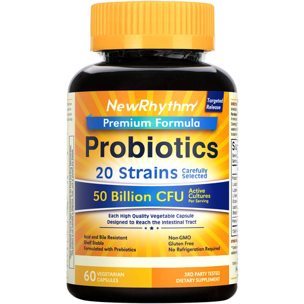Newrhythm Probiotics 50 Billion CFU 20 Strains, 60 Veggie Capsules, Targeted Release Technology, Stomach Acid Resistant, No Need for
