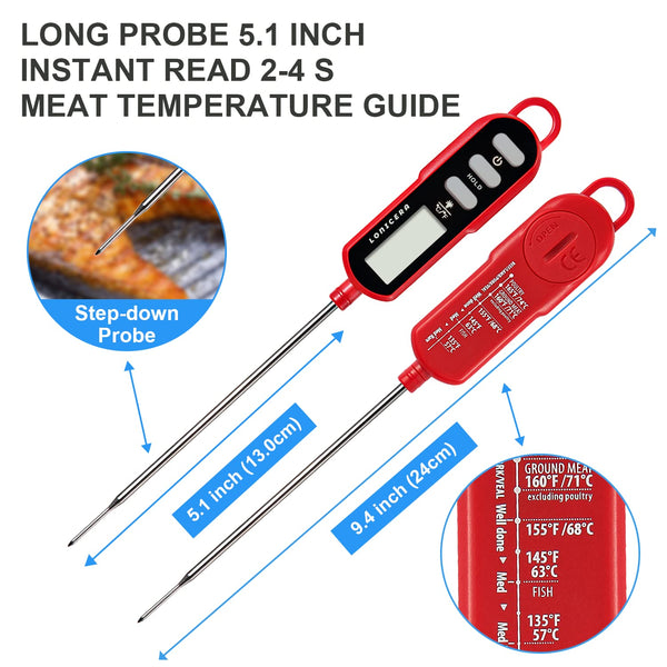 Lonicera Digital Cooking Thermometer for Bread Baking, Food and Water Temperature Measurement. Waterproof and Long Stem with Meat Temp Guide,