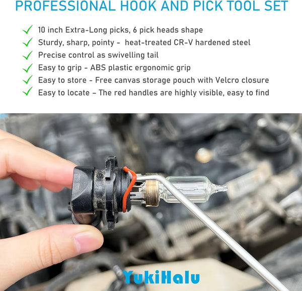 Yukihalu Precision Hook and Pick Set for Automotive, Swivelling Tail, 10 Inch Pick Tool Set for O-Rings and Oil Seals, Seal Puller Set for Cars