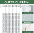 No Hook Grey Shower Curtain with Snap in Fabric Liner Set - Hotel Style with See through Mesh Top Window, Modern Geometric Waterdrop