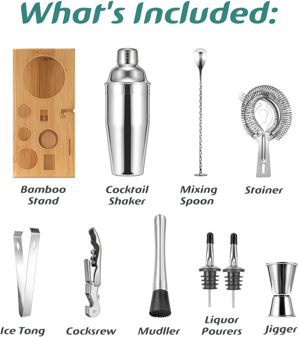 Cocktail Shaker Set, Mixology Bartender Kit 10-Piece Bar Tool Set with Stylish Bamboo Stand, Bar Kit: Matini Shaker Mixing Spoon Muddler Jigger