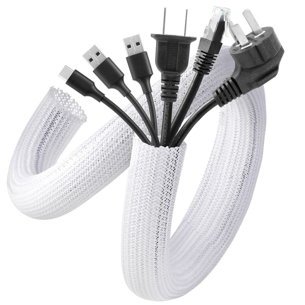 AGPTEK White Cable Sleeve Cover, 2 Pack 5Ft - 1.2 Inch Cord Management Wire Organizer under Desk, Home Office Computer Wire Cover Hider Cord
