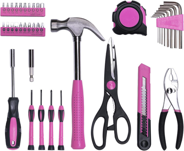40-Piece All Purpose Household Pink Tool Kit for Girls, Ladies and Women - Includes All Essential Tools for Home, Garage, Office and College