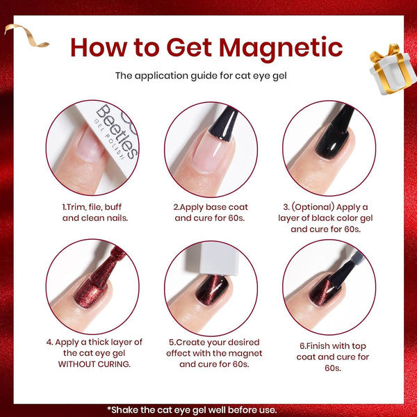 Beetles Cat Eye Gel Nail Polish Set, 6 Colors Glitter Gel Polish Kit Red Pink Shiny Brown Burgundy Purple Blue Green Magnetic Effect Sparkle