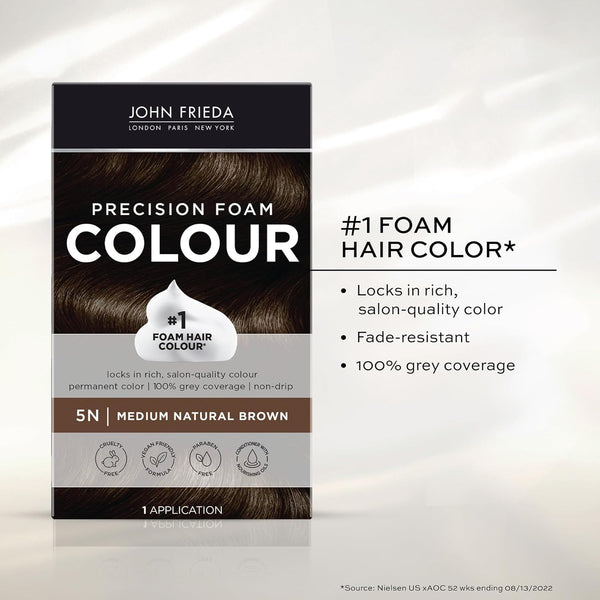 John Frieda Precision Foam Colour, Medium Natural Brown 5N, Full-Coverage Hair Color Kit, Anti-Fade Gray Coverage, Deep Color Saturation Hair Dye,