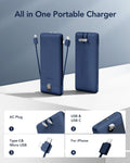 VEGER Portable Charger for Iphone with Built in Cables and Wall Plug, 10000Mah Slim Fast Charging USB C Power Bank, Travel Essential Battery Pack