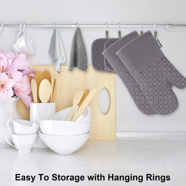 KEGOUU Oven Mitts and Pot Holders 6pcs Set, Kitchen Oven Glove High Heat Resistant 500 Degree Extra Long Oven Mitts and Potholder with Non-Slip