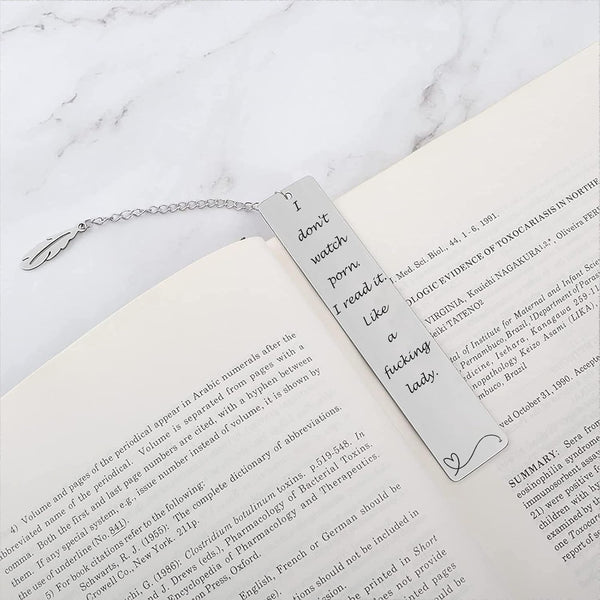 Metal Bookmark Gift, 'I Don'T Watch Porn. I Read It like a Fucking Lady' Stainless Steel Leaf Pendant Book Mark with Box for Women, Men, Friends,