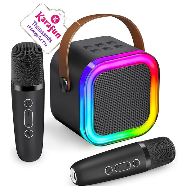 IROO Mini Karaoke Machine for Kids Adults(Karafun Premium), Portable MP3 Player with 2 Wireless Mics and Party Lights for Smartphones, Birthday