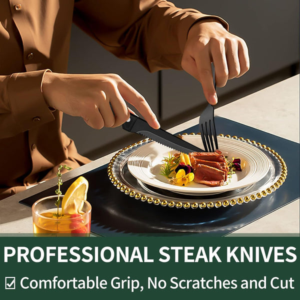24-Piece Black Silverware Set with Steak Knives, Black Flatware Set for 4, Food-Grade Stainless Steel Tableware Cutlery Set, Mirror Finished