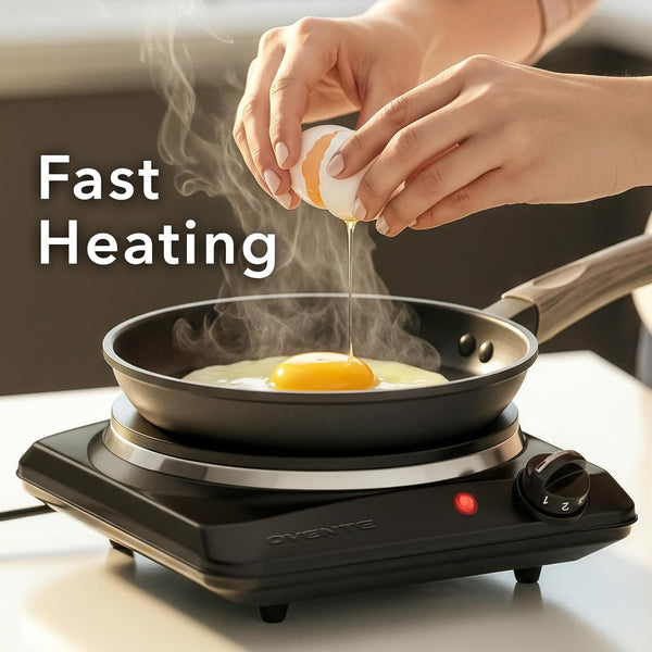 OVENTE Electric Countertop Single Burner, 1000W Cooktop with 7.25 Inch Cast Iron Hot Plate, 5 Level Temperature Control, Compact Cooking Stove and