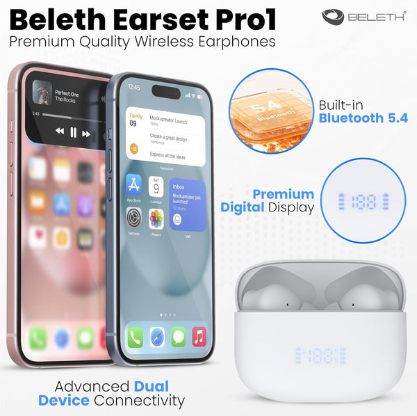 Beleth New Earset Pro1 In-Ear Bluetooth TWS Headphones, Medium Size, White - Includes Cable, Eartips, and Manual