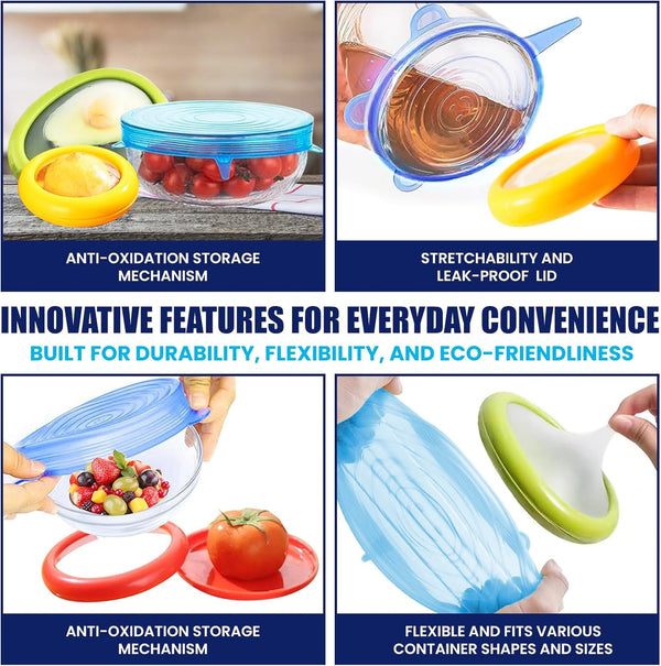 Fresh Guard - Set of 4 Reusable Storage Containers for Fridge - Anti-Oxidation - Avocado Saver and Tomato Holder + 6 Reusable Silicone Stretch