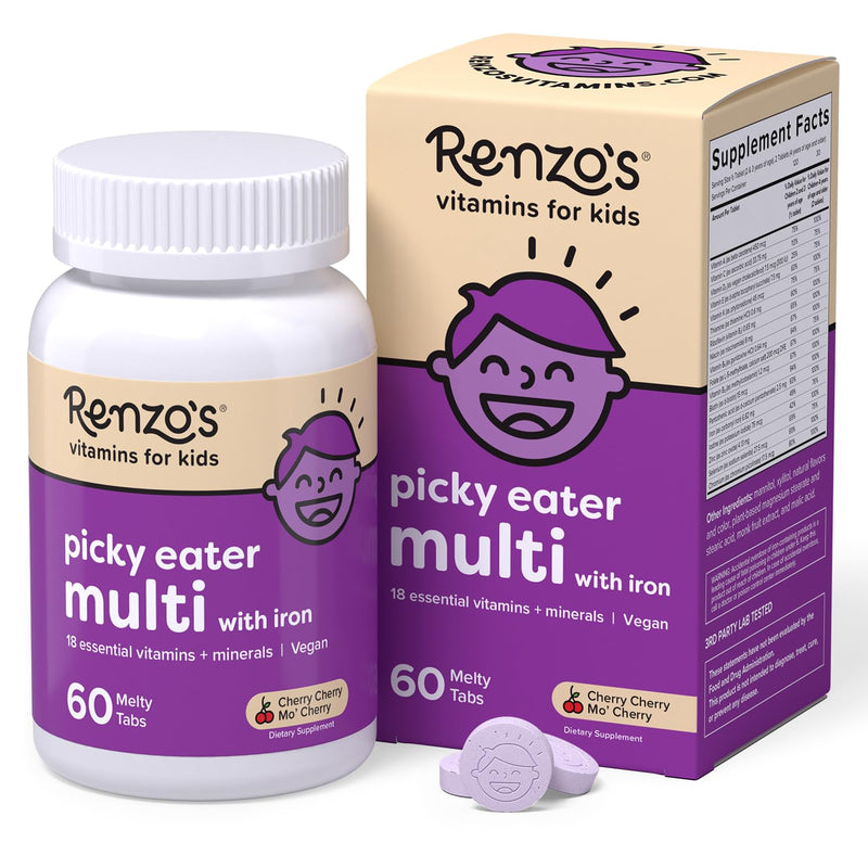 Renzo'S Picky Eater Kids Multivitamin with Iron, Dissolving Kids Vitamins with Vitamin D3 & K2 and More, 60 Sugar-Free Melty Tabs, Cherry Moâ