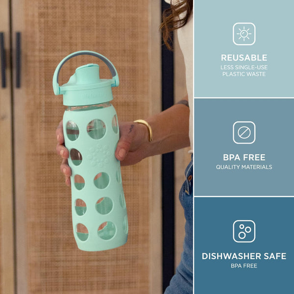Lifefactory 22-Ounce Glass Water Bottle with Active Flip Cap and Protective Silicone Sleeve, Mint