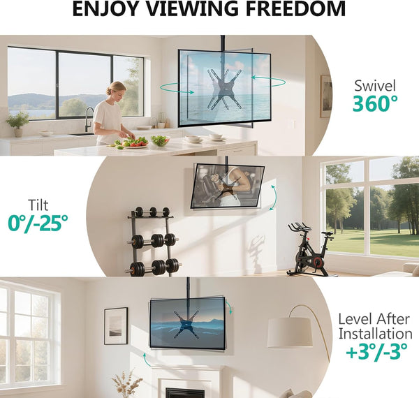 WALI TV Ceiling Mount Adjustable Bracket Fits Most LED, LCD, OLED and Plasma Flat Screen Display 26 to 65 Inch, up to 110 Lbs, Mounting Holes