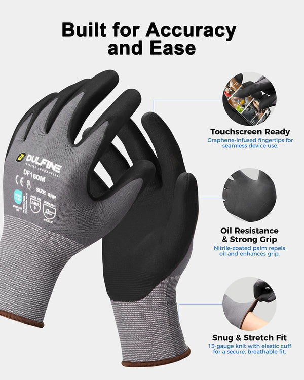 DULFINE Safety Work Gloves Microfoam Nitrile Coated-6 Pairs Pack,Seamless Knit Nylon Glove with Black Micro-Foam Nitrile Grip,Ideal for General