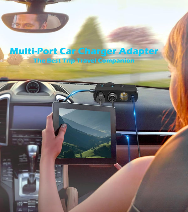 7 in 1 Cigarette Lighter Splitter, LIHAN 3 Socket Car Charger Adapter, Type-C QC3.0 PD 30W Charging, Dual USB Charging Ports, Independent