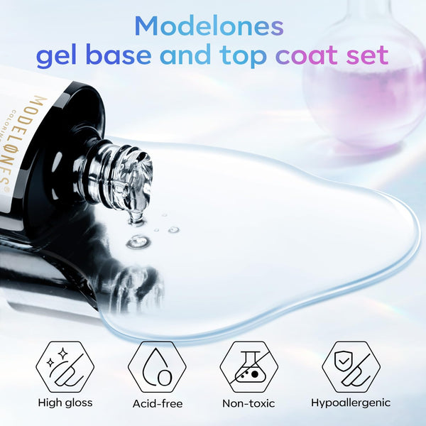 Modelones Gel Top Coat, 15 Ml 2025 Upgrade Super Shiny Base and Top Coat Set, Soak off Nail Lamp Acid Free No Wipe Clear Base Top Gel Nail Polish