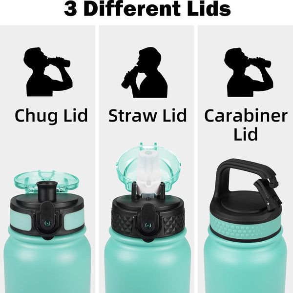 Oldley Insulated Water Bottle 20Oz for Adults Kids Stainless Steel Water Bottles with Straw/Chug/Carabiner 3 Lids Fruit Strainer Double Wall