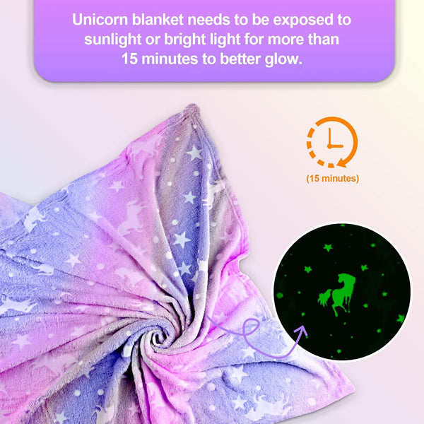 Unicorn Glow in the Dark Blanket for Girls/Kids Age 3-12, Soft Fleece Throw - 40"X60