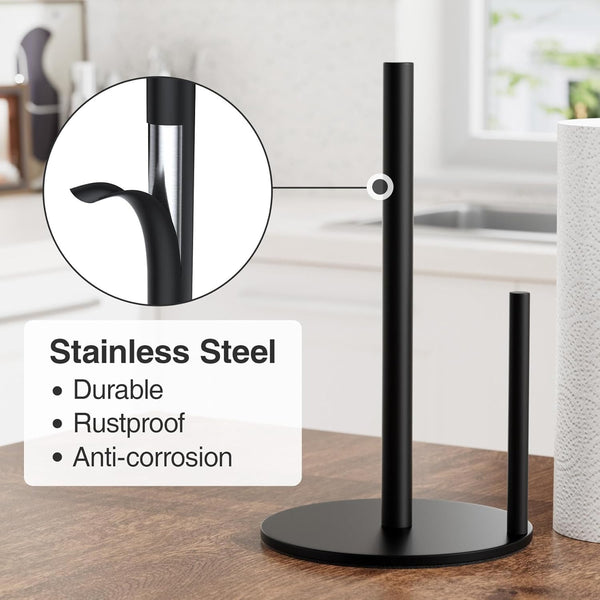 Paper Towel Holder Black Kitchen Roll Holder, Premium Stainless Steel Paper Towel Holder for Kitchen Roll Organize, Countertop Roll Dispenser with