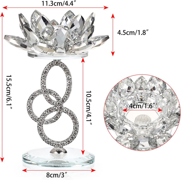 Ownmy Set of 2 Crystal Lotus Flower Candlestick Holders Metal Glass Lotus Pillar Candle Holders, Silver Crystal Lotus Votive Candlesticks Tealight
