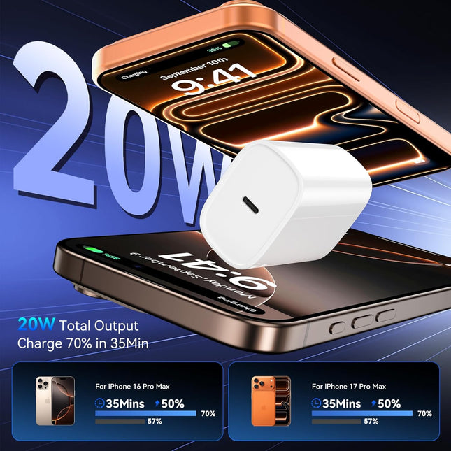 Iphone 16 15 Pro Charger Fast Charging, 20W USB C Fast Charger Block with 10Ft Long Type C Chargers Fast Charging Cable 